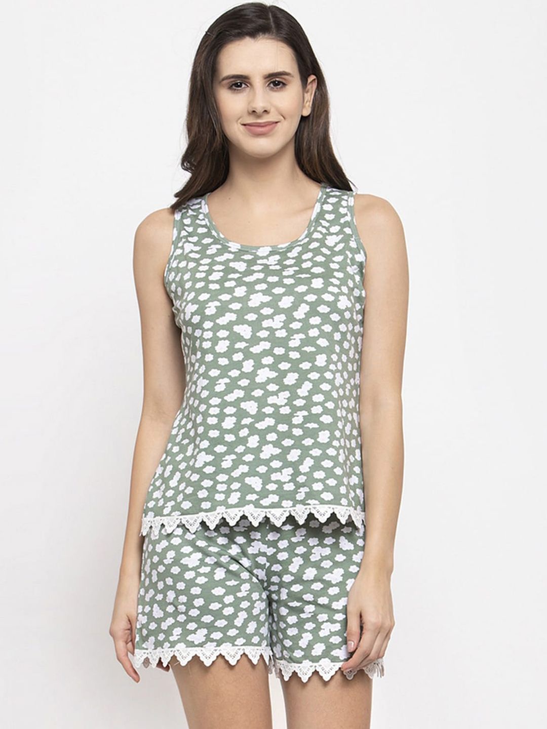 Claura Women Green & White Printed Night suit Price in India