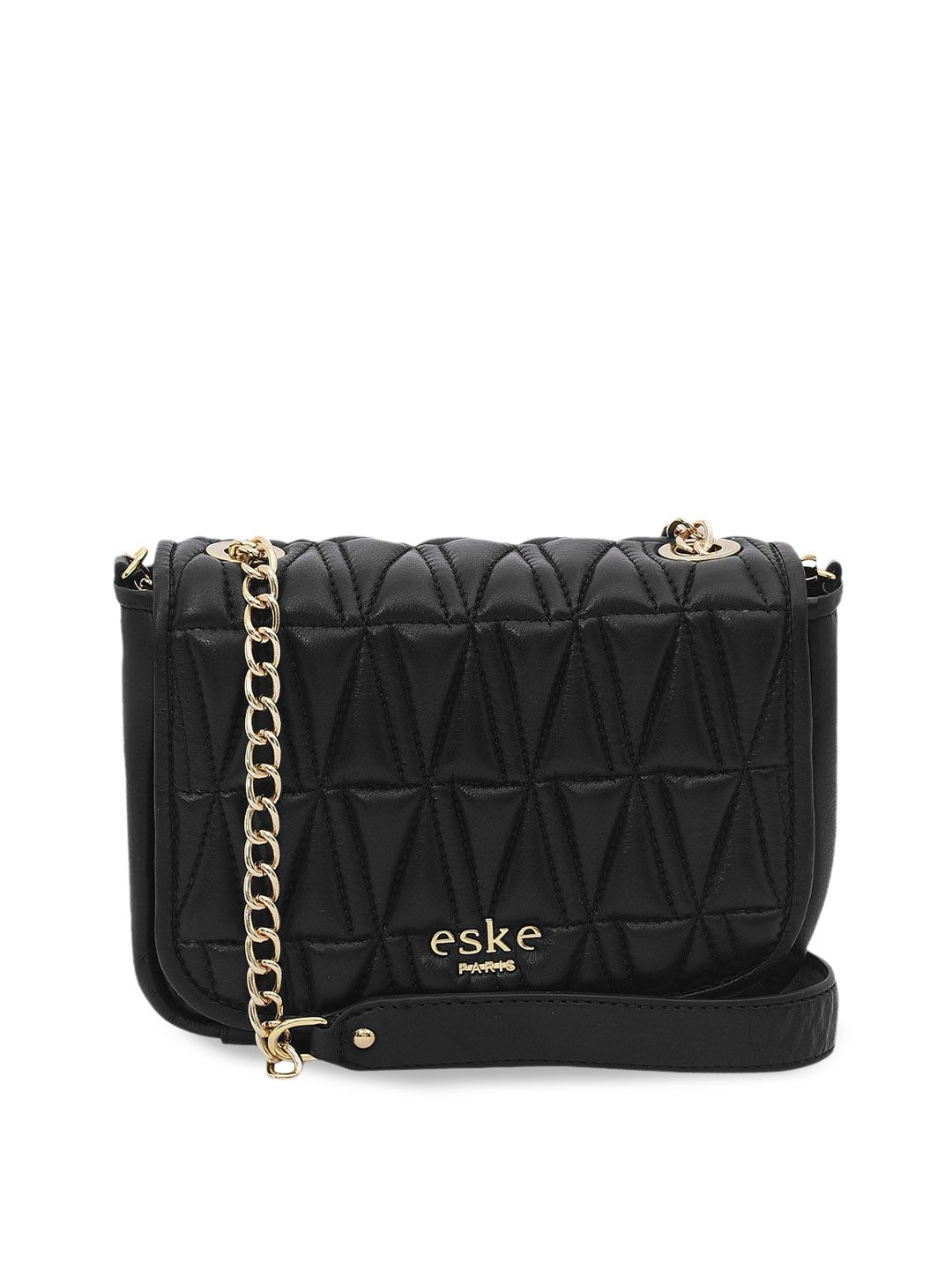 Eske Black Textured Leather Structured Sling Bag with Quilted Price in India