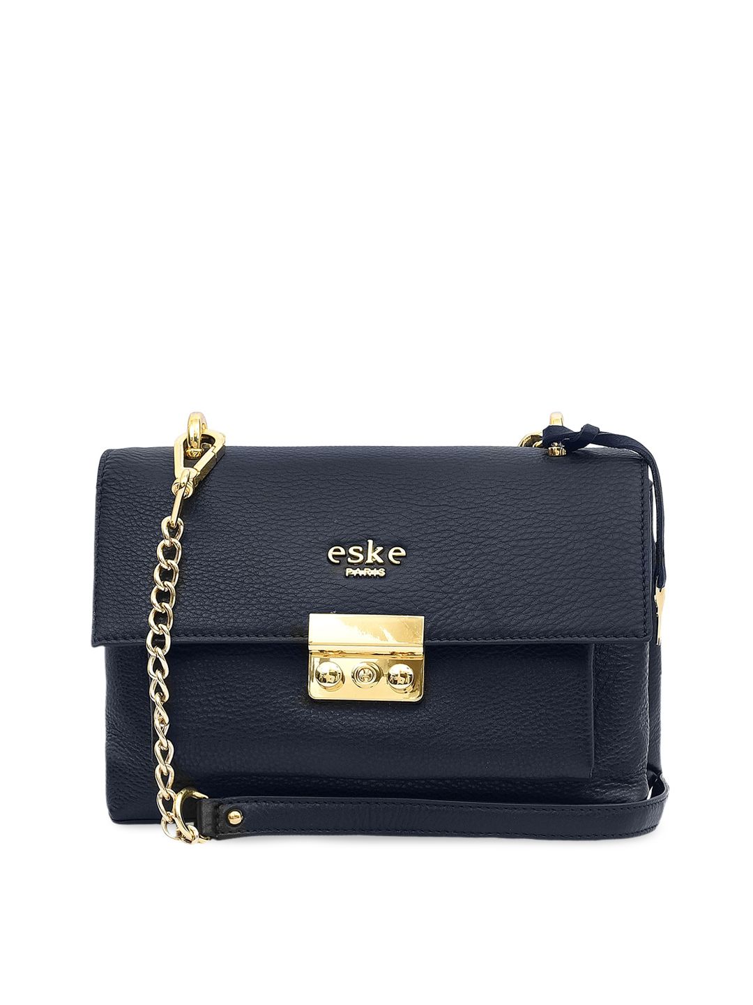 Eske Navy Blue Leather Structured Sling Bag with Applique Price in India