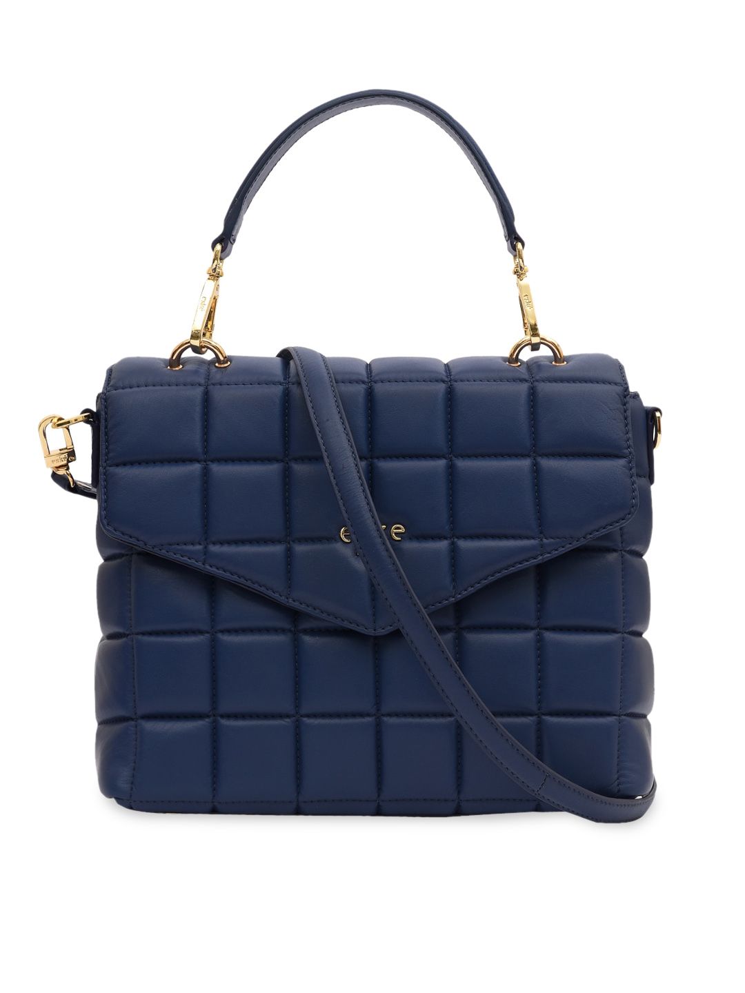 Eske Navy Blue Leather Structured Handheld Bag with Quilted Price in India