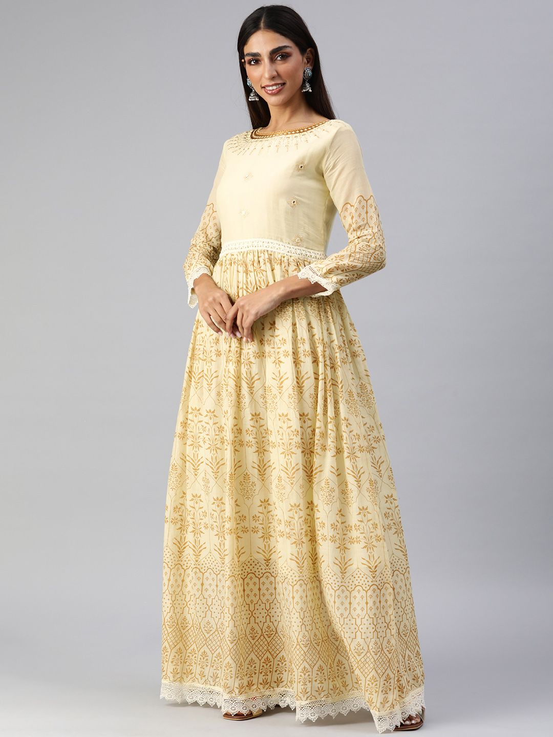 SheWill Cream-Coloured Floral Print Mirror Work Embroidered Ethnic A-Line Maxi Dress Price in India