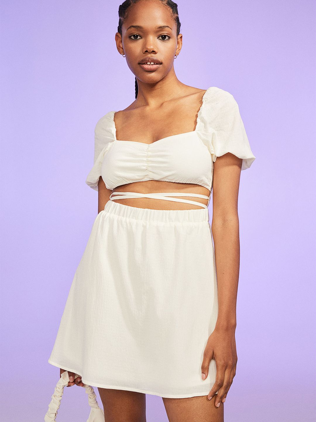 H&M Women White Solid Two-Piece Tie-Detail Dress Price in India