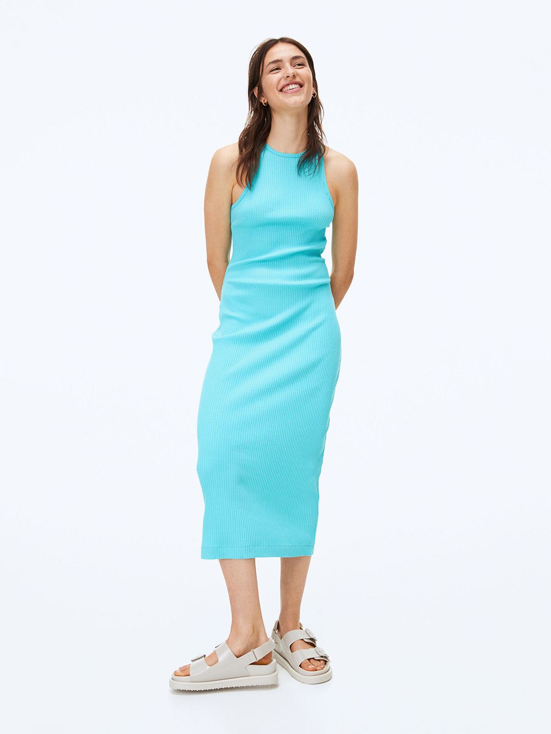 H&M Women Turquoise Blue Ribbed Dress Price in India