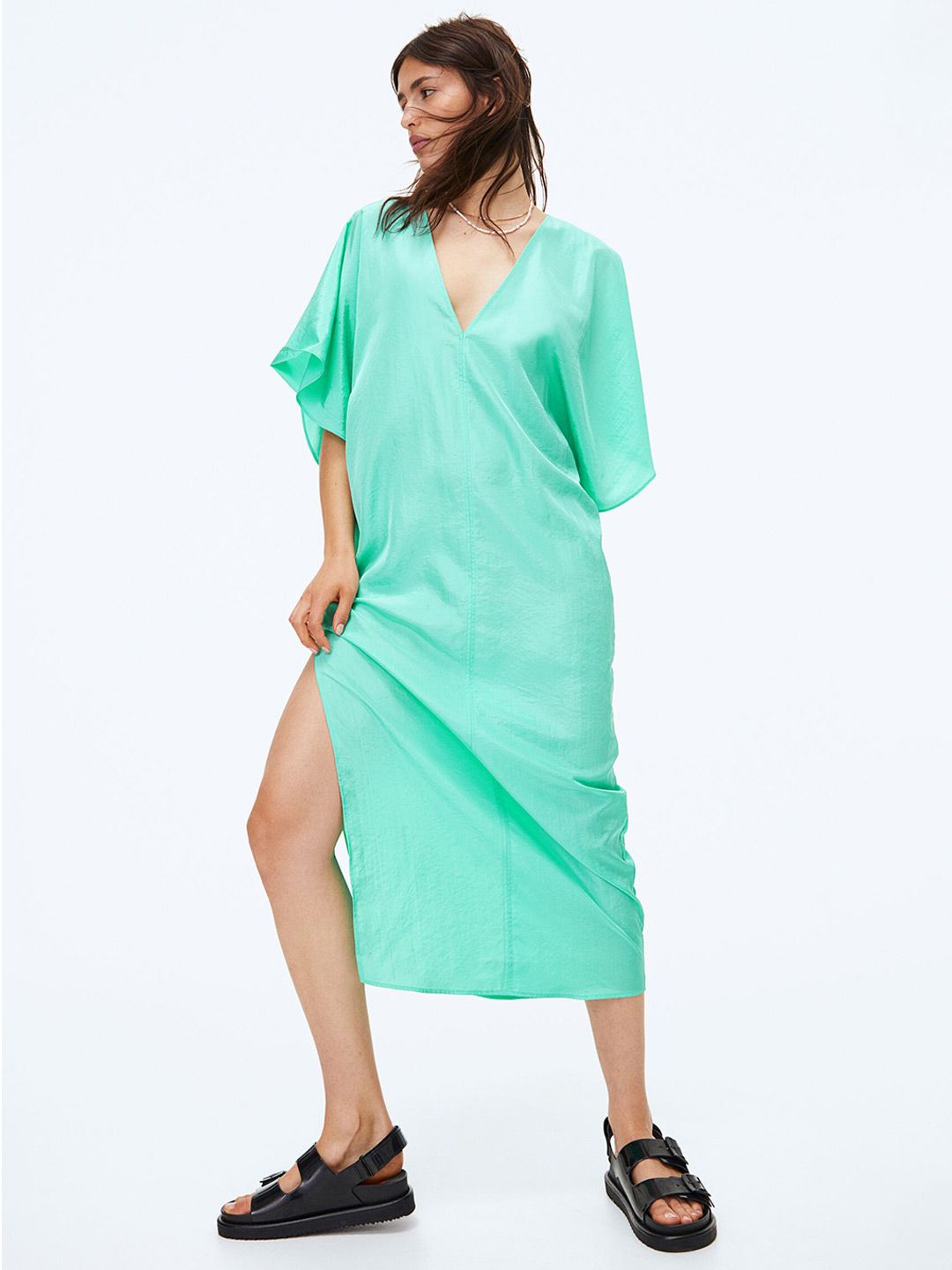 H&M Women Turquoise Blue Solid V-Neck Dress Price in India