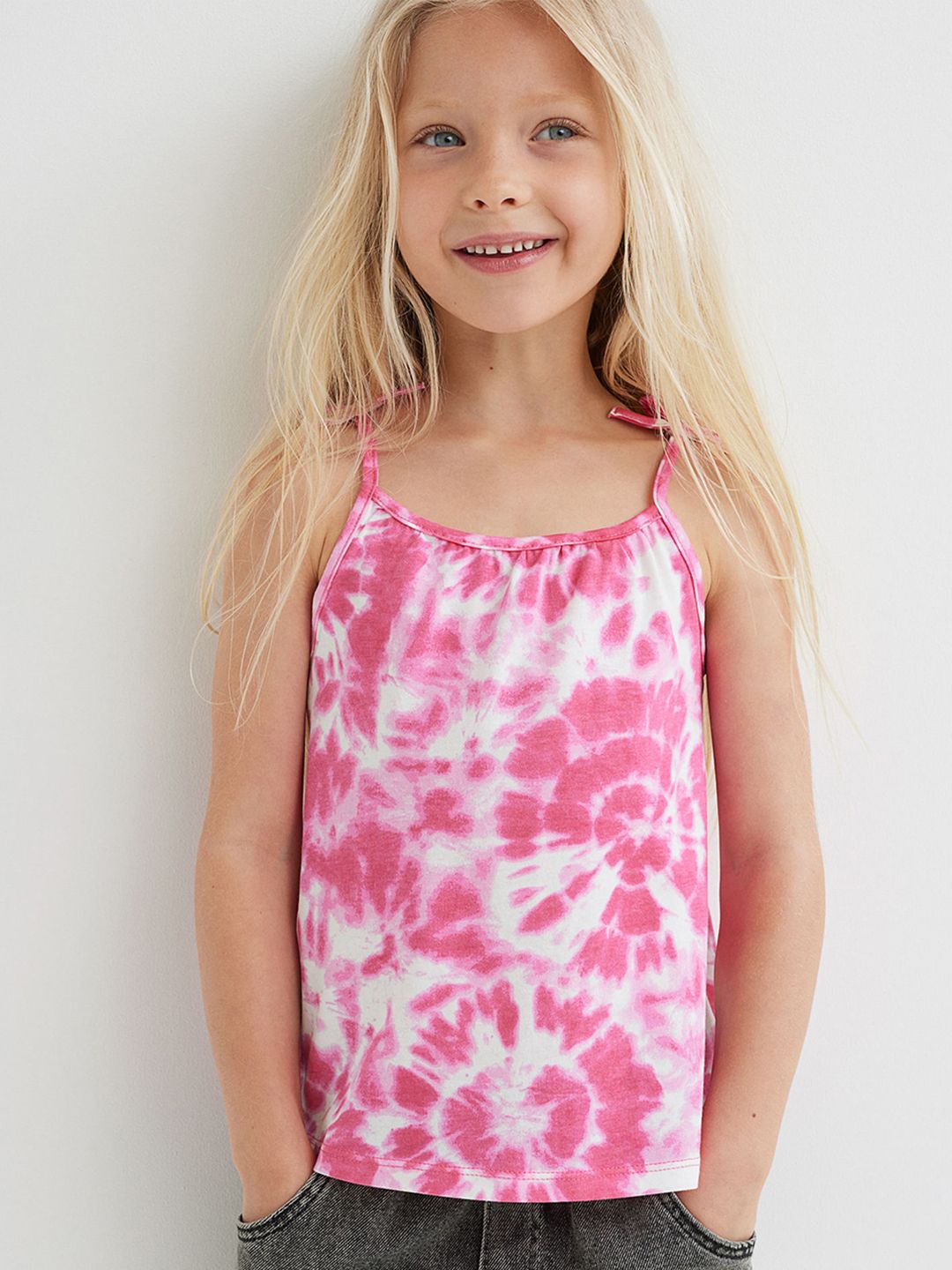 H&M Girls Pink & White Cotton Jersey Bow-detail Strappy Top