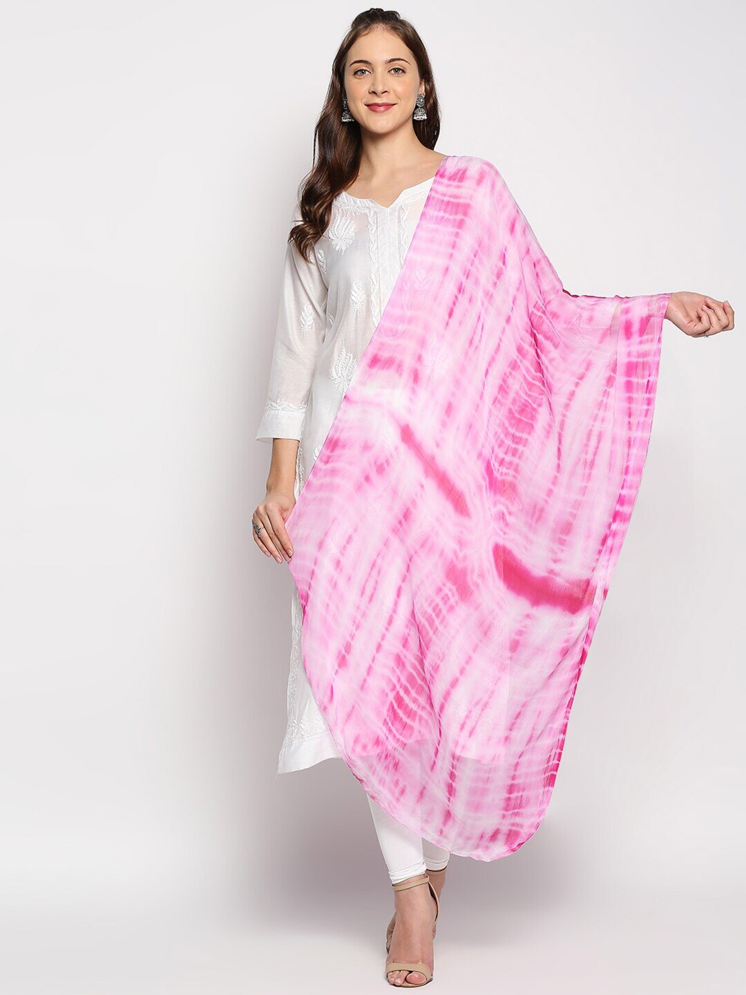 Dupatta Bazaar Pink & White Printed Tie and Dye Dupatta Price in India