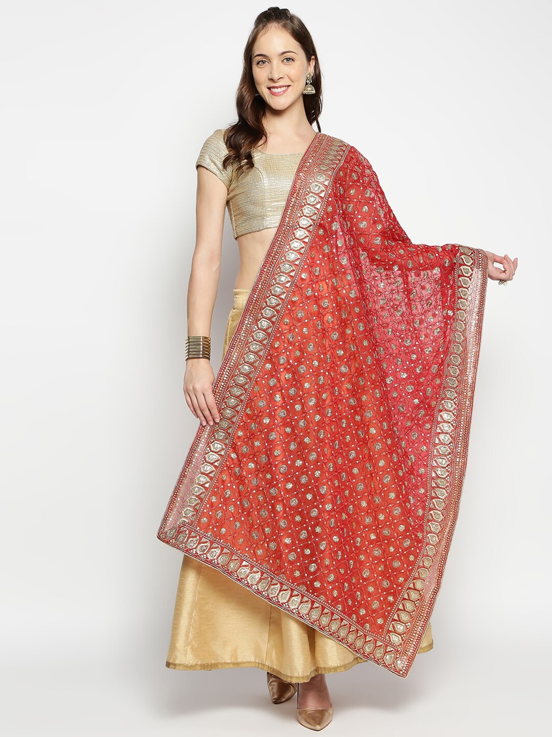 Dupatta Bazaar Red & Gold-Toned Ethnic Motifs Embroidered Dupatta with Zardozi Price in India