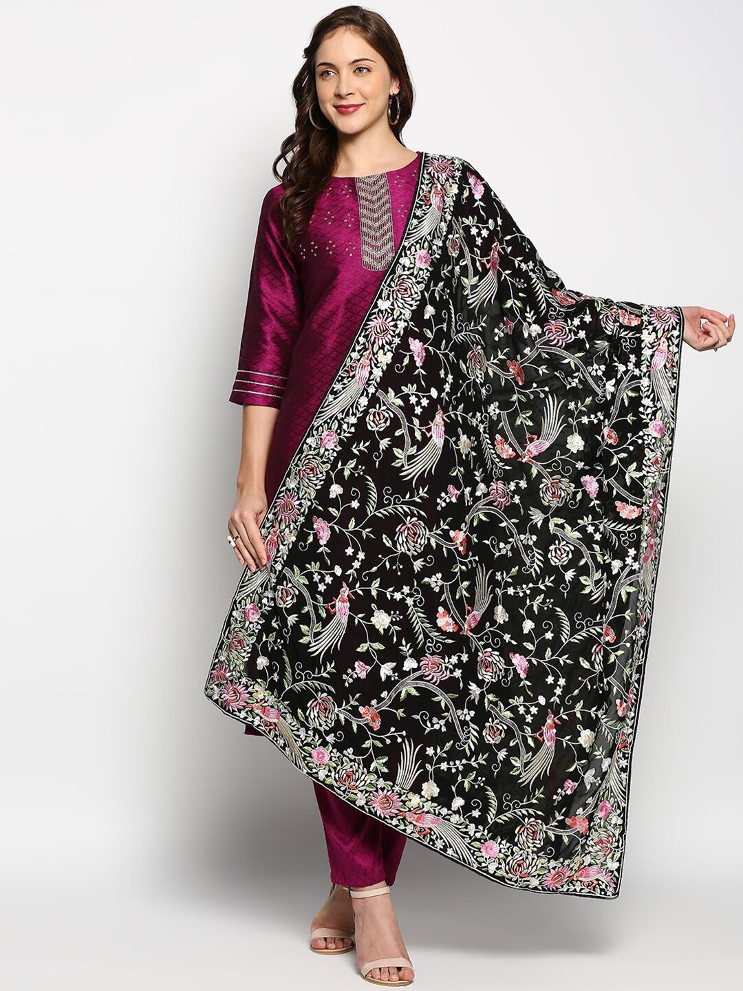 Dupatta Bazaar Black & Pink Embroidered Dupatta with Thread Work Price in India