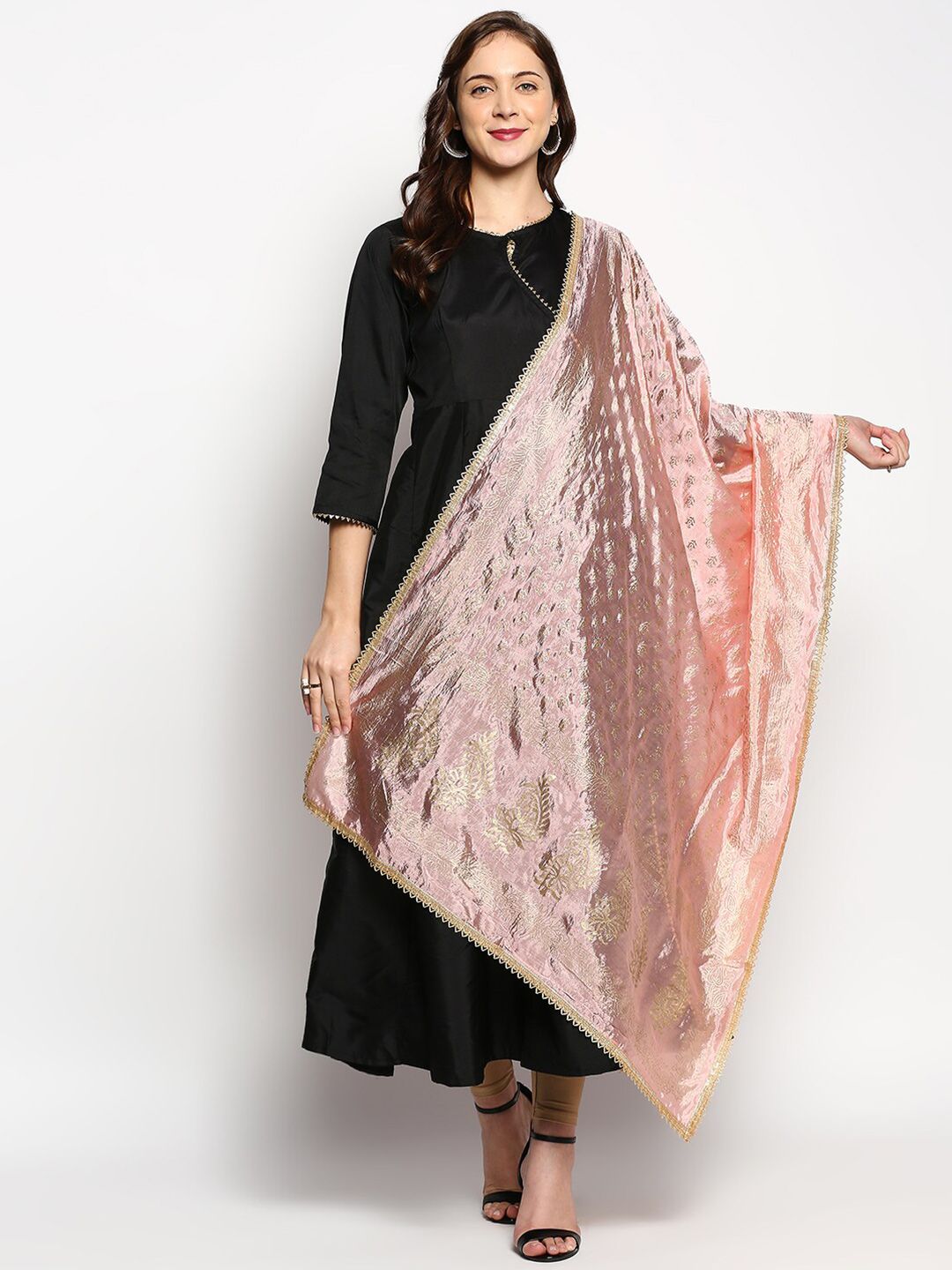 Dupatta Bazaar Peach-Coloured & Gold-Toned Ethnic Motifs Printed Khari Print Dupatta Price in India