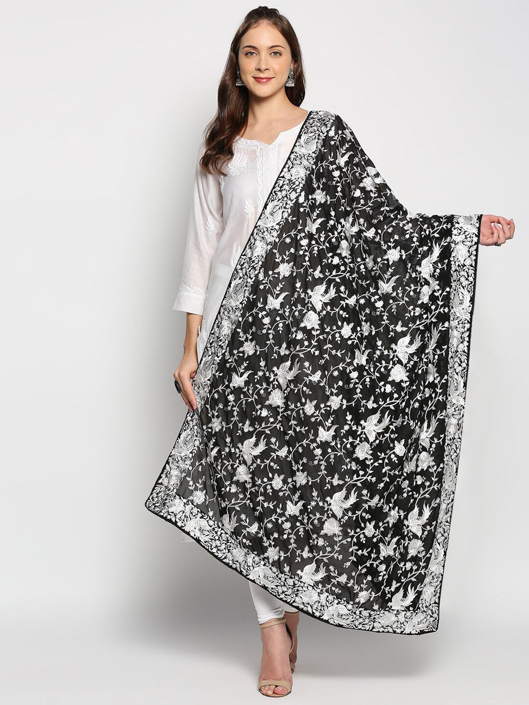 Dupatta Bazaar Black & White Embroidered Dupatta with Thread Work Price in India