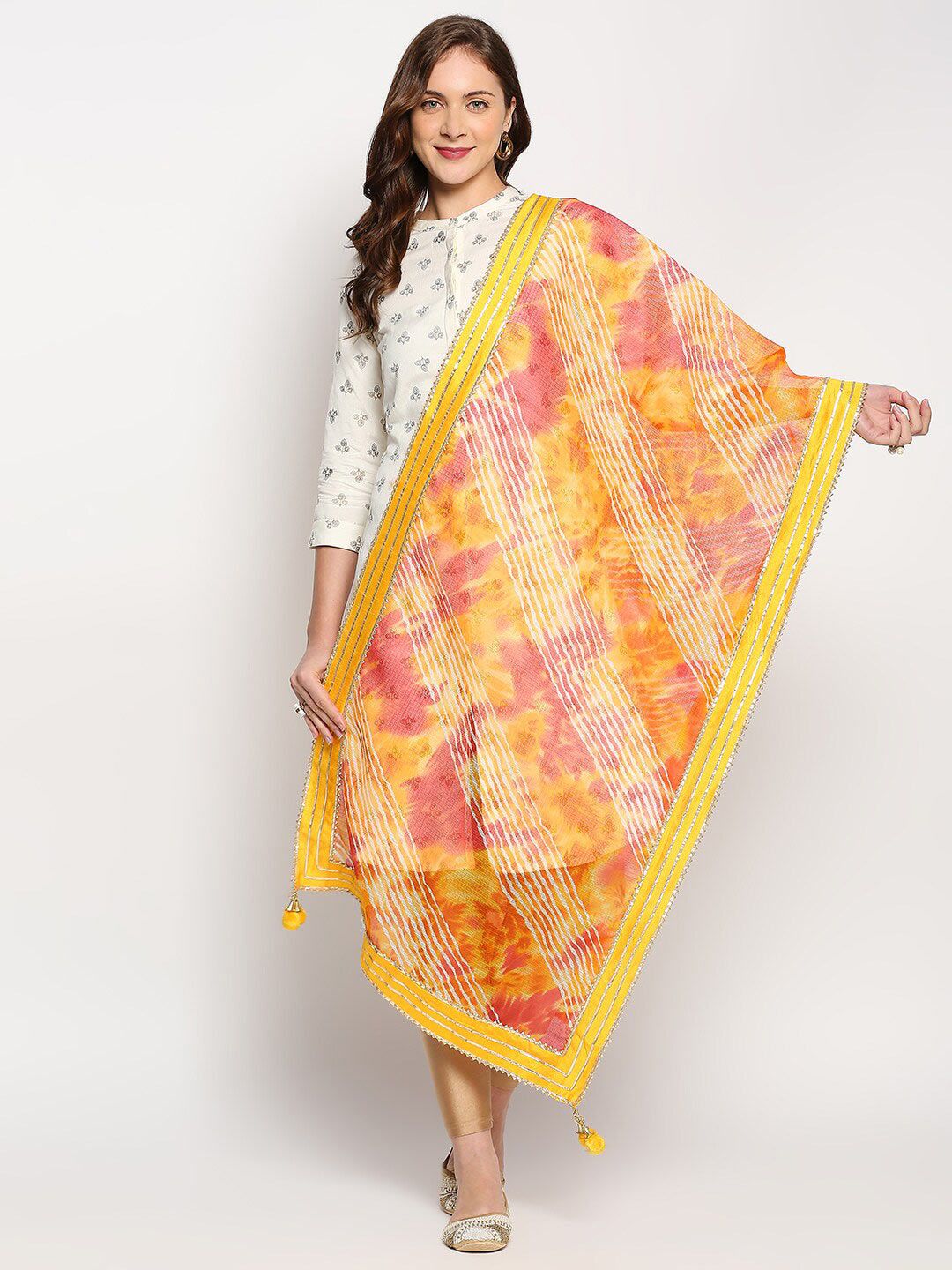 Dupatta Bazaar Yellow & Pink Printed Leheriya Dupatta Price in India