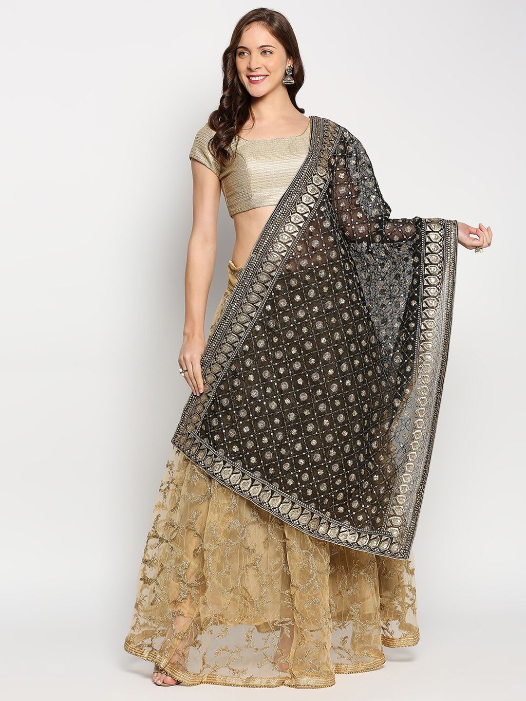 Dupatta Bazaar Black & Gold-Toned Ethnic Motifs Embroidered Dupatta with Zardozi Price in India