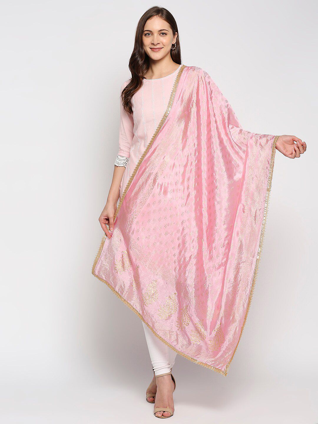 Dupatta Bazaar Pink & Gold-Toned Ethnic Motifs Printed Khari Print Dupatta Price in India