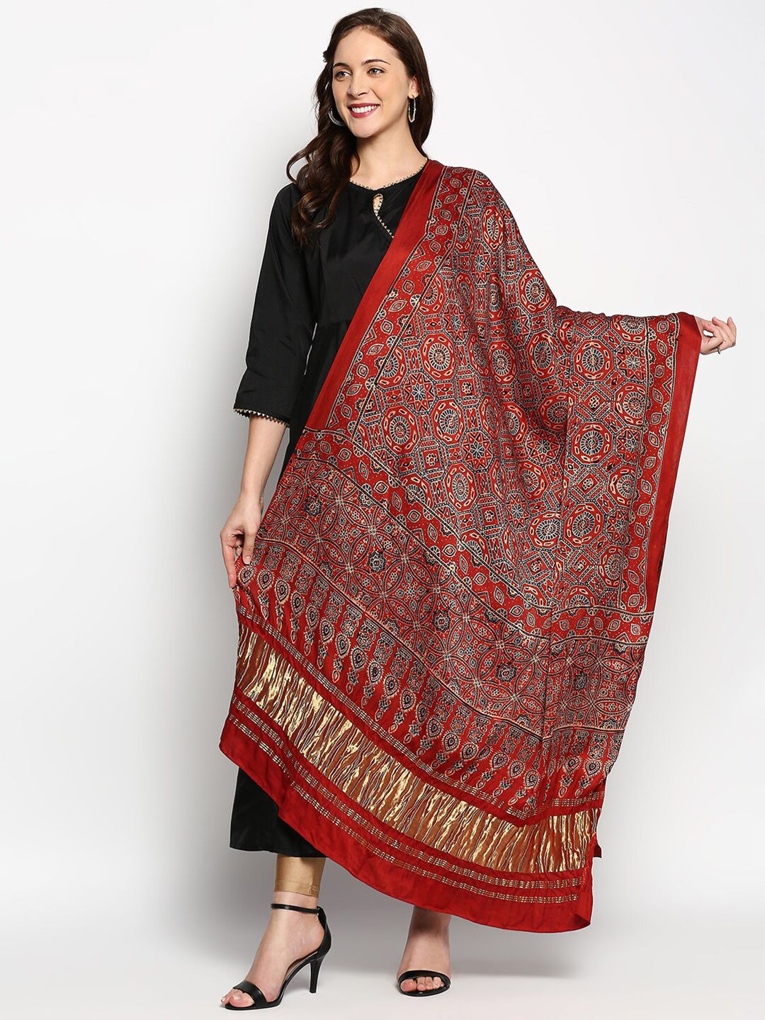 Dupatta Bazaar Maroon & Blue Ethnic Motifs Printed Pure Silk Block Print Dupatta with Zari Price in India