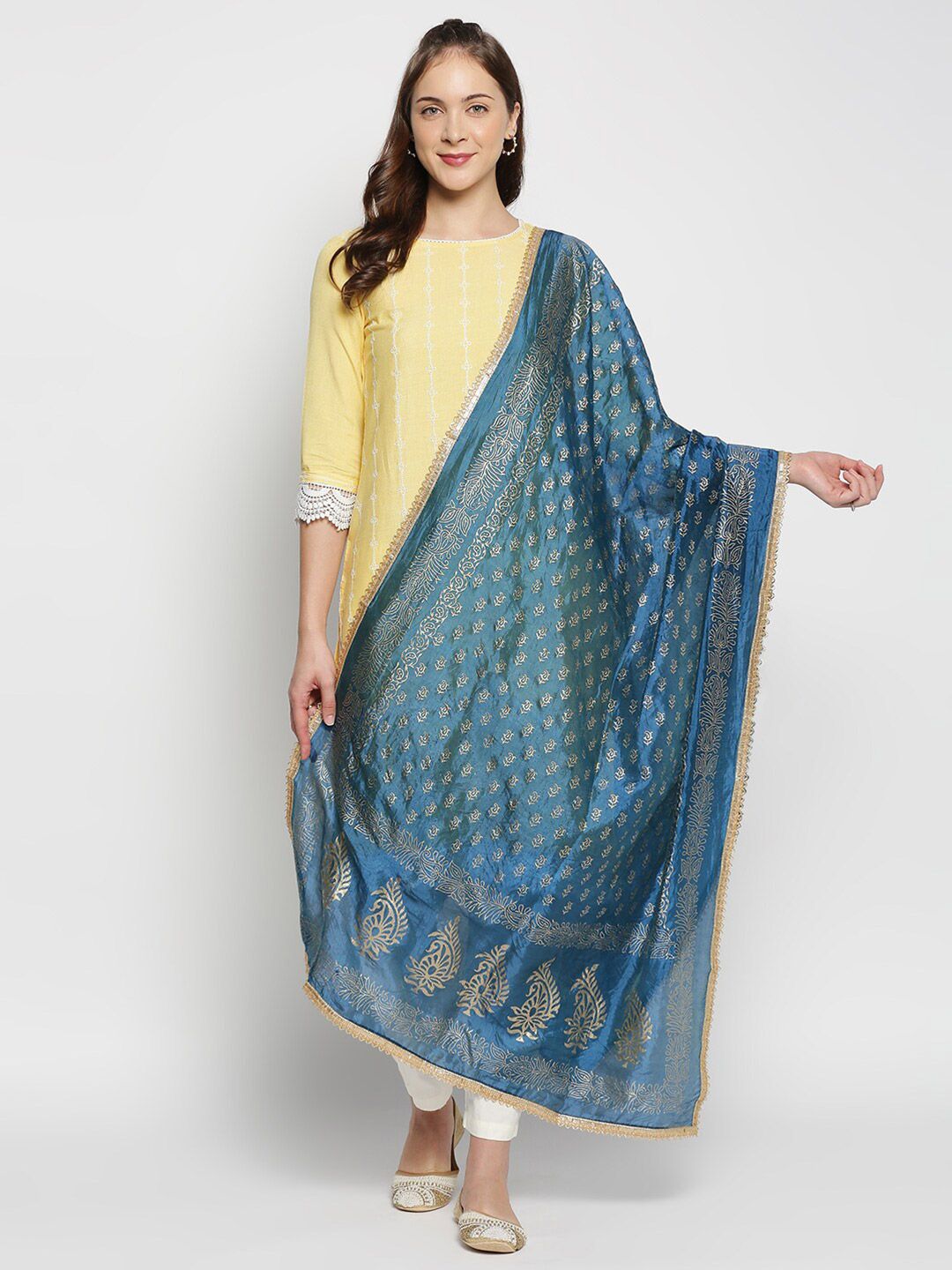 Dupatta Bazaar Blue & Gold-Toned Ethnic Motifs Printed Khari Print Dupatta Price in India