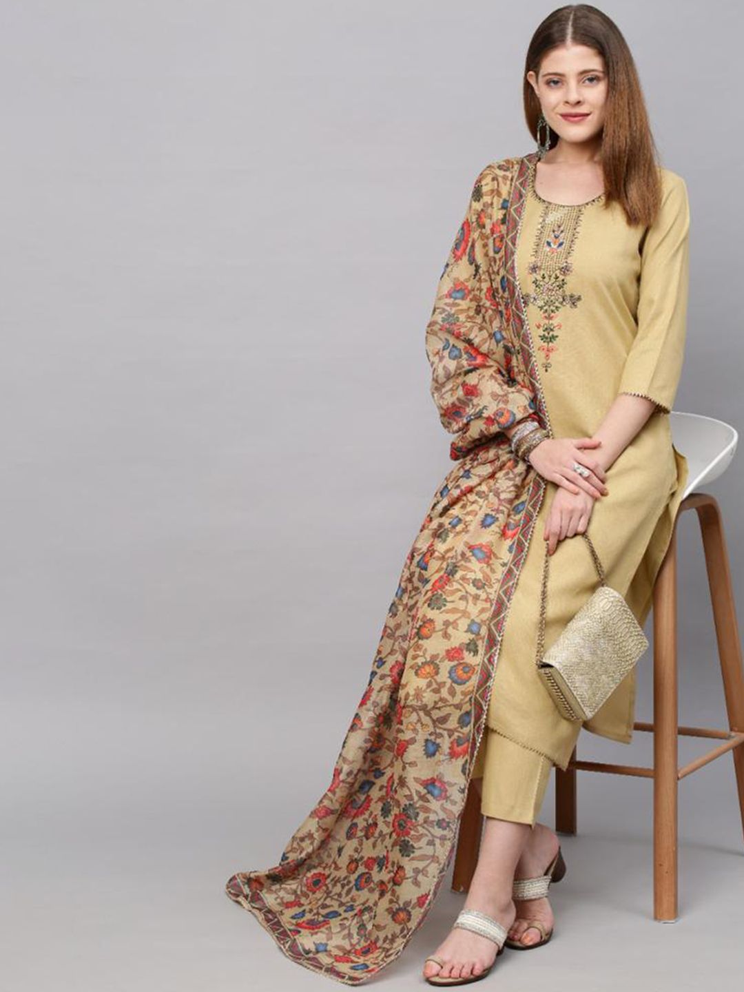KALINI Women Beige Floral Yoke Design Kurta with Trousers & With Dupatta Price in India