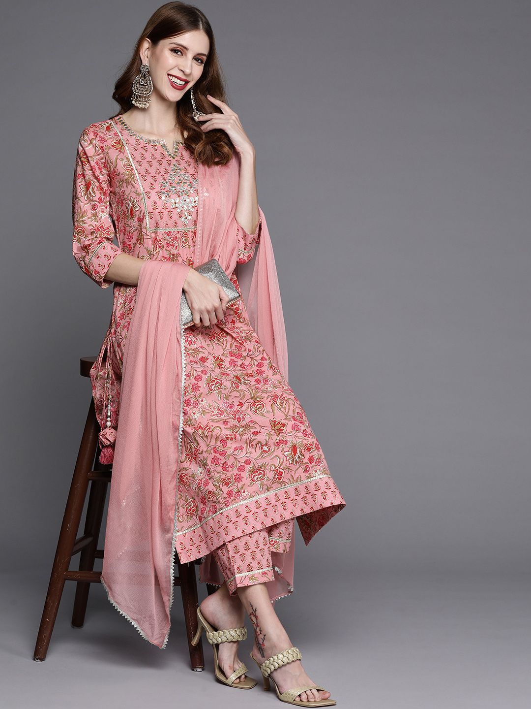 Varanga Women Pink Printed Gotta Patti Pure Cotton Kurta with Trousers & Dupatta Price in India