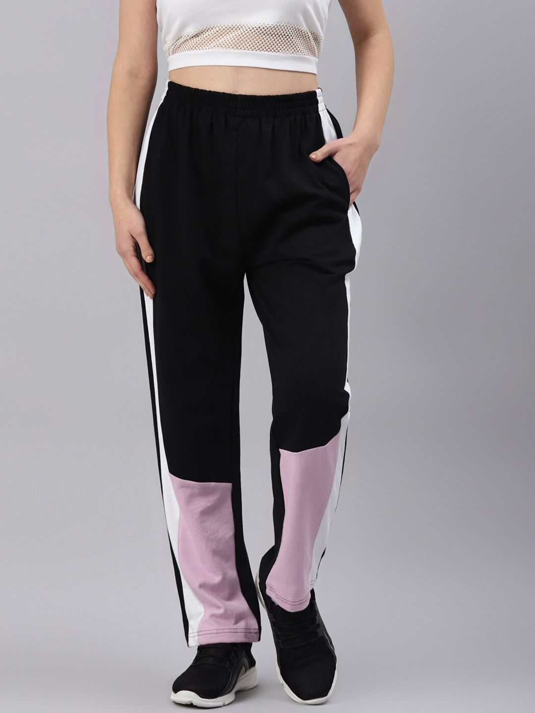 Laabha Women Black Color Blocked Track Pants Price in India