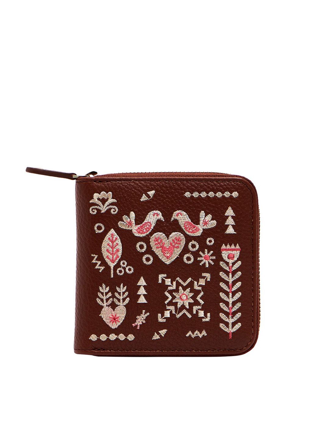 Chumbak Women Brown & Pink Ethnic Motifs Printed Embroidered PU Money Clip Price in India