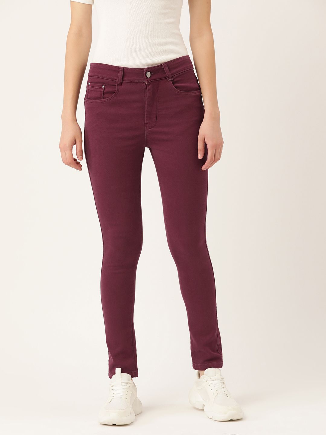 BROOWL Women Burgundy Pure Cotton Solid Pencil Skinny Fit Jeans Price in India