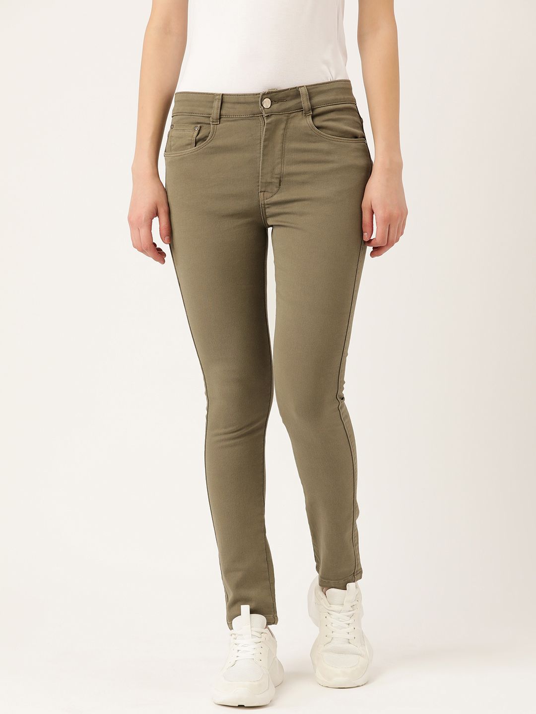 BROOWL Women Khaki Pure Cotton Solid Pencil Skinny Fit Jeans