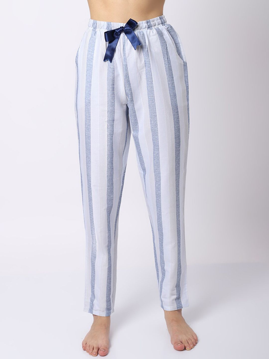 Claura Women Blue & White Striped Pure Cotton Lounge Pants Price in India