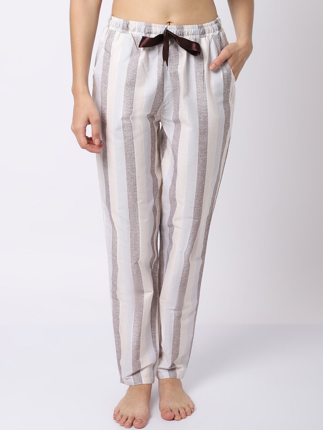 Claura Women Beige Striped Printed Pure Cotton Lounge Pants Price in India