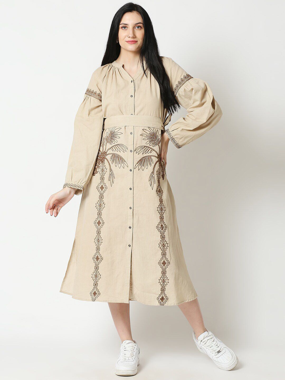 Aanyor Women Beige Embroidered Shirt Midi Dress Price in India