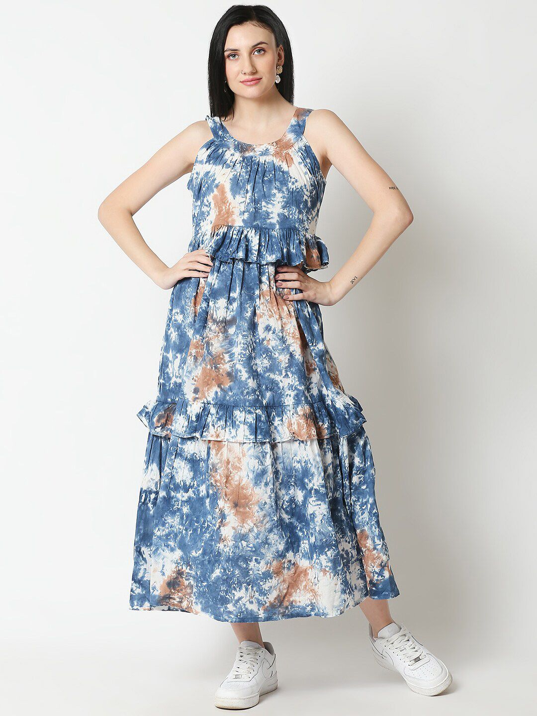 Aanyor Women Blue Floral Layered Cotton Maxi Dress Price in India