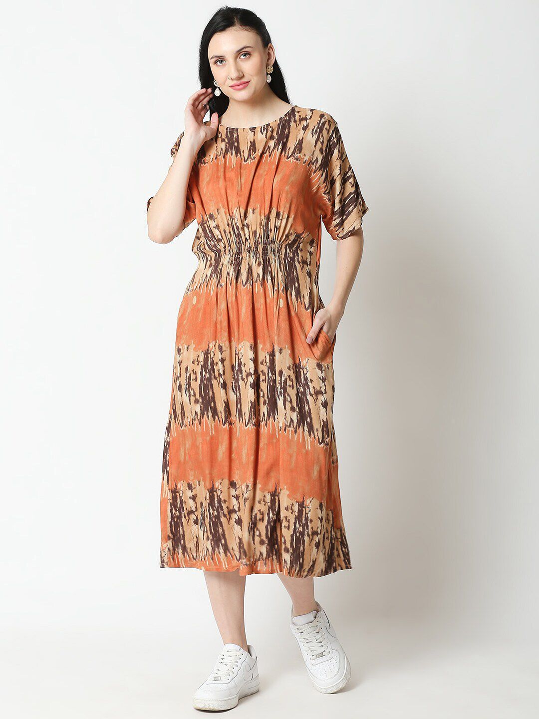 Aanyor Women Orange Animal Print Layered Midi Dress Price in India