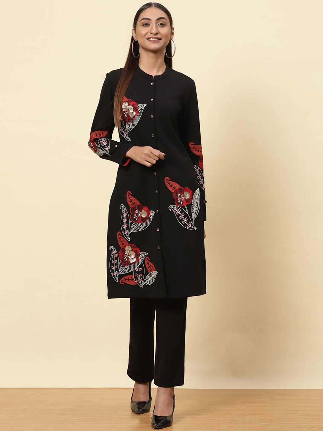 Lakshita Women Charcoal Quirky Embroidered Flared Sleeves Kurta Price in India