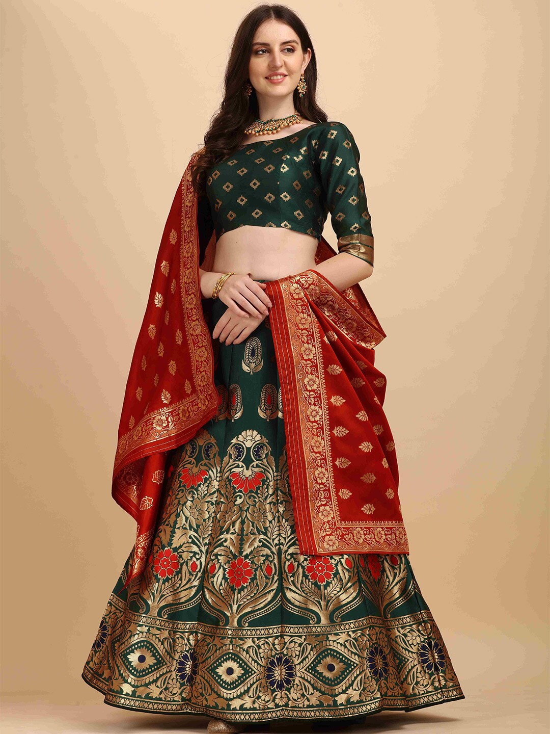 HERE&NOW Green & Red Embellished Semi-Stitched Lehenga & Unstitched Blouse With Dupatta Price in India