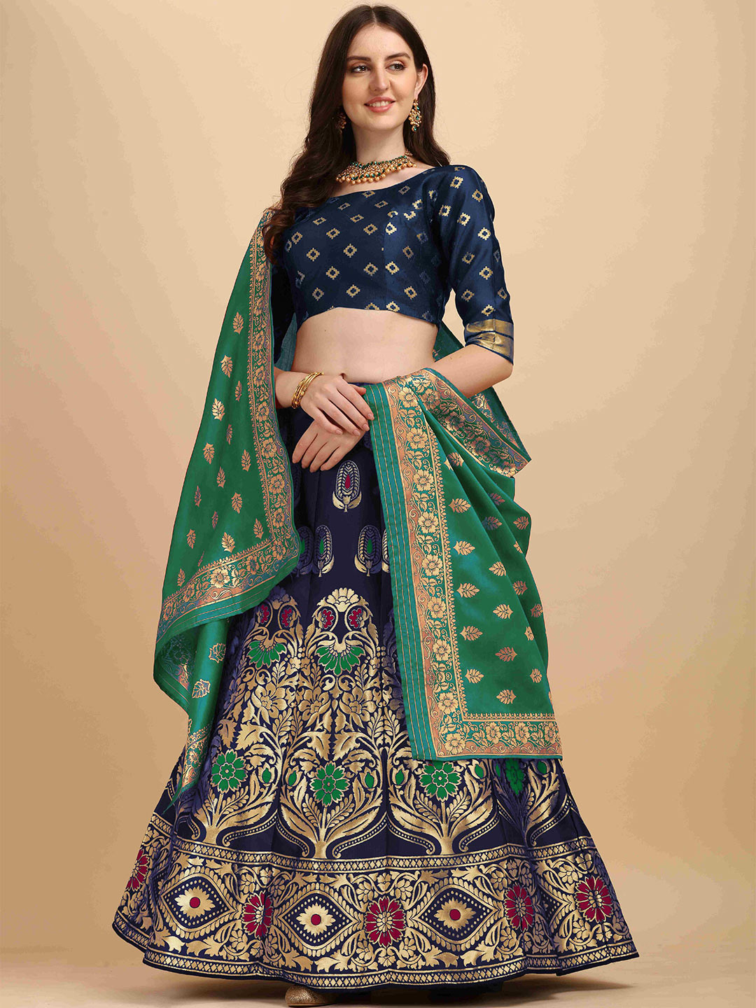 HERE&NOW Navy Blue & Gold-Toned Embellished Semi-Stitched Lehenga & Unstitched Blouse With Dupatta Price in India