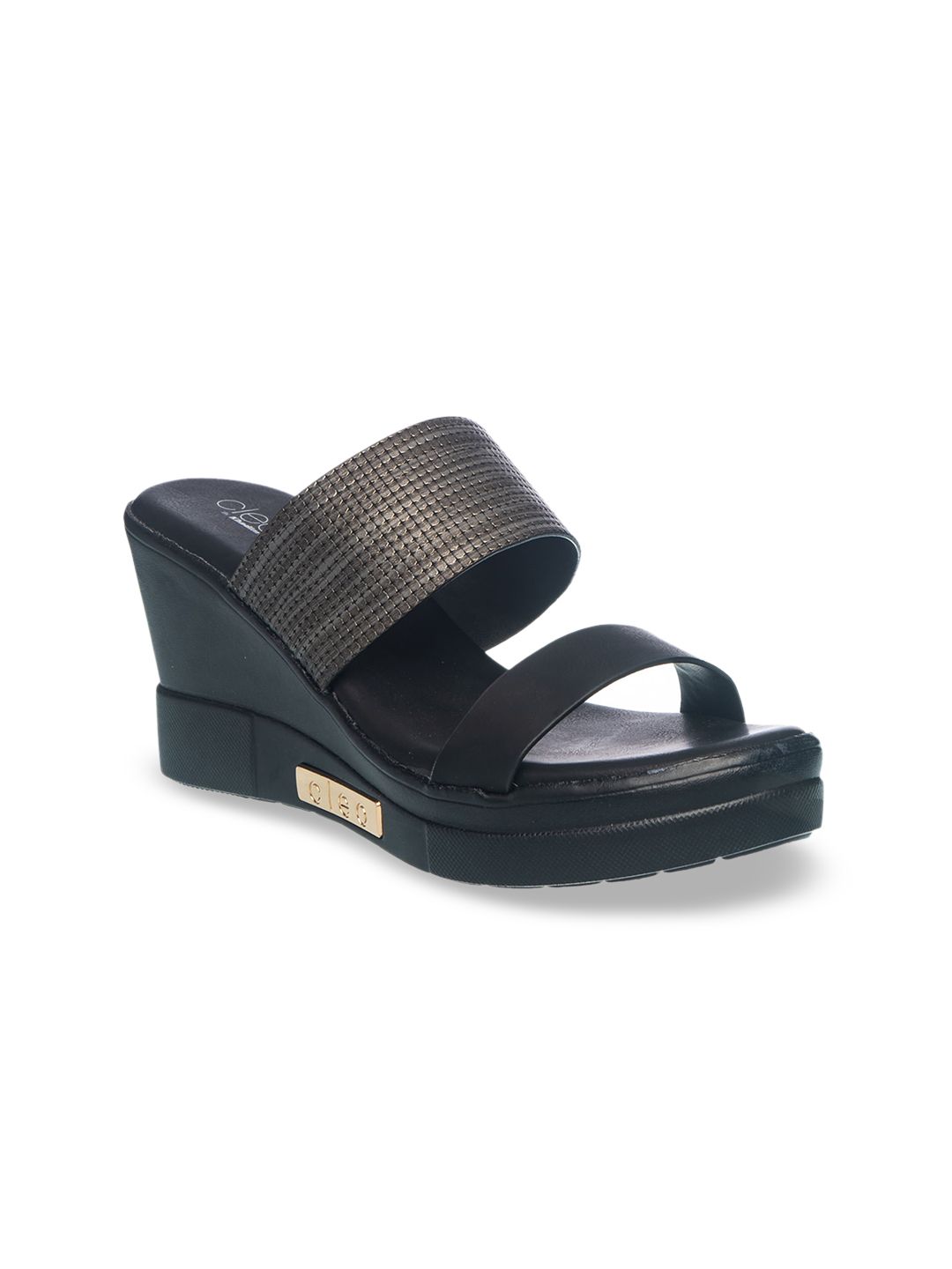 Khadims Black Colourblocked Wedge Sandals with Laser Cuts Price in India