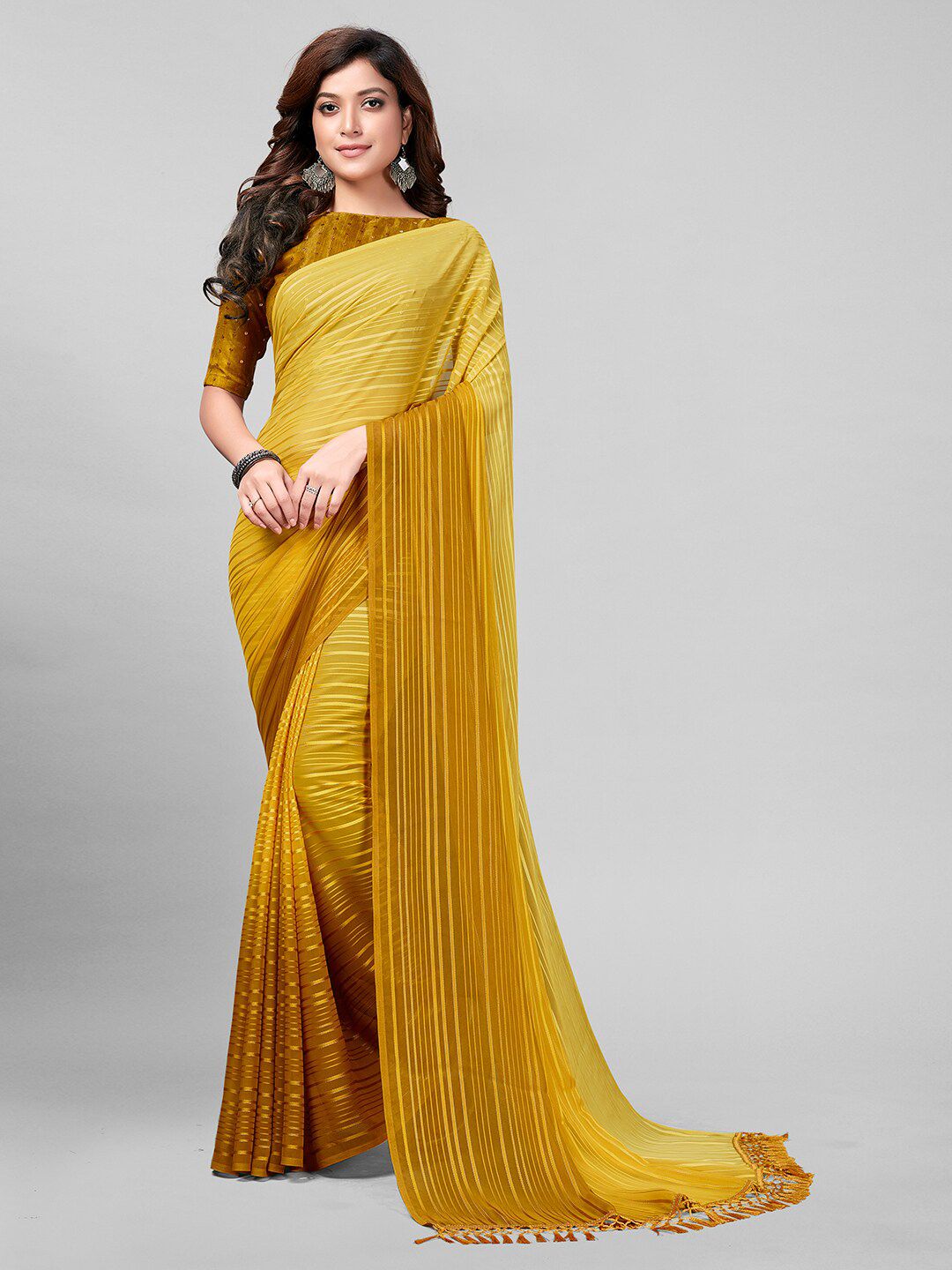 Mitera Yellow & Brown Embellished Sequinned Ready to Wear Saree Price in India