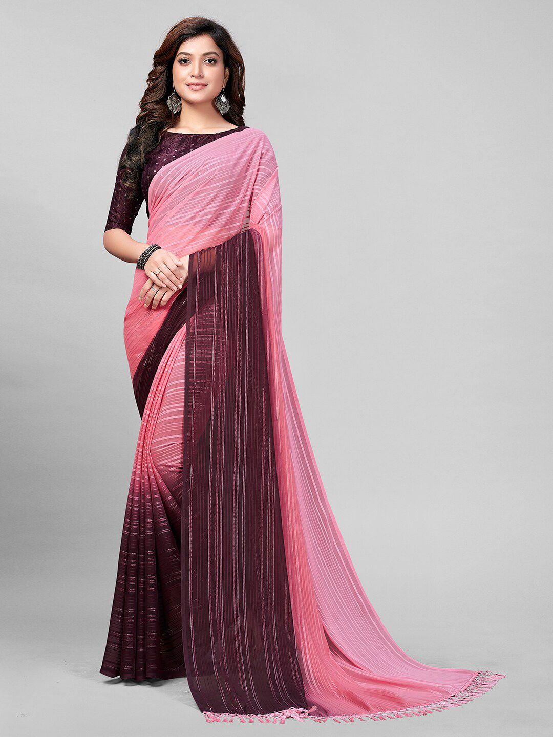 Mitera Pink & Brown Embellished Sequinned Ready to Wear Saree Price in India