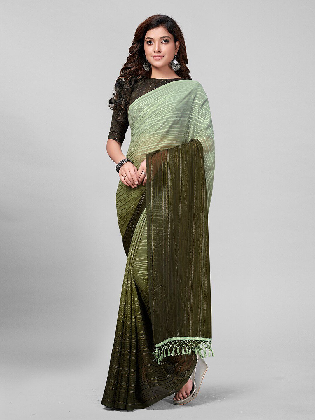 Mitera Olive Green Embellished Sequinned Ready to Wear Saree Price in India