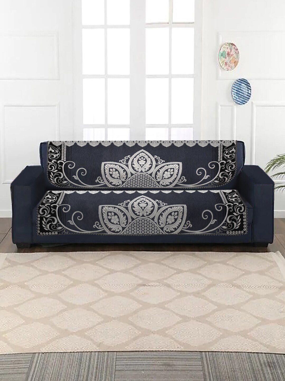 MULTITEX 10 Pcs Grey & White Ethnic Motifs 5-Seater Sofa Covers Price in India