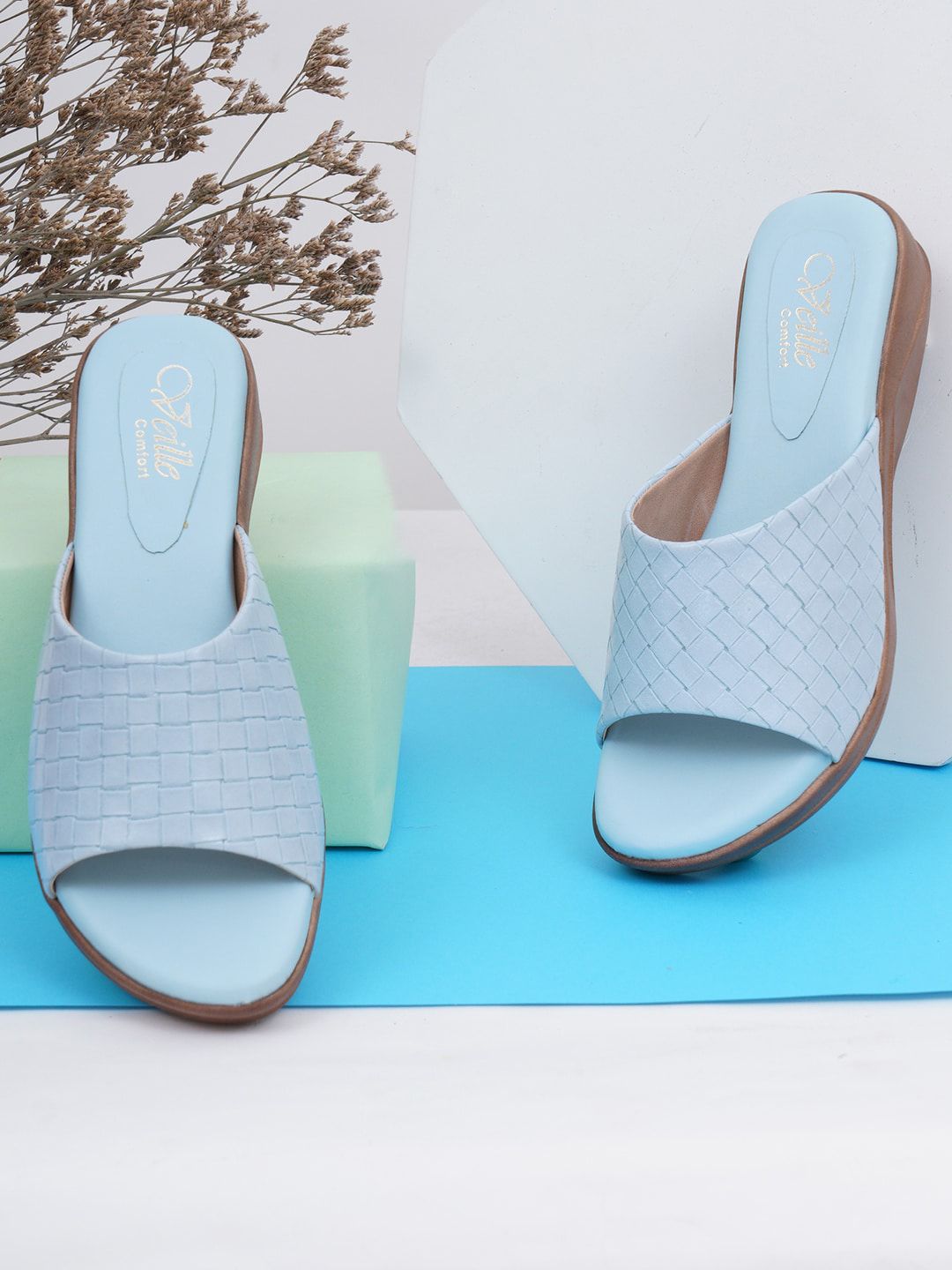 VEILLE Blue Textured Block Mules with Bows Price in India