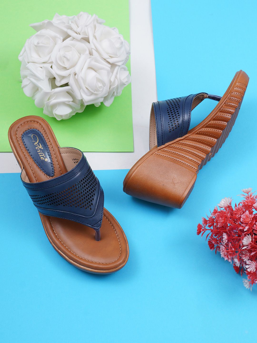 VEILLE Blue Textured Wedge Sandals Price in India