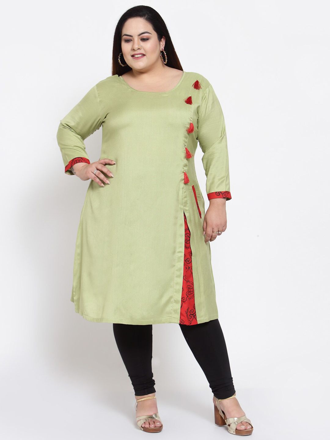 FAZZN Women Plus Size Green & Red Solid A-line Kurta Price in India