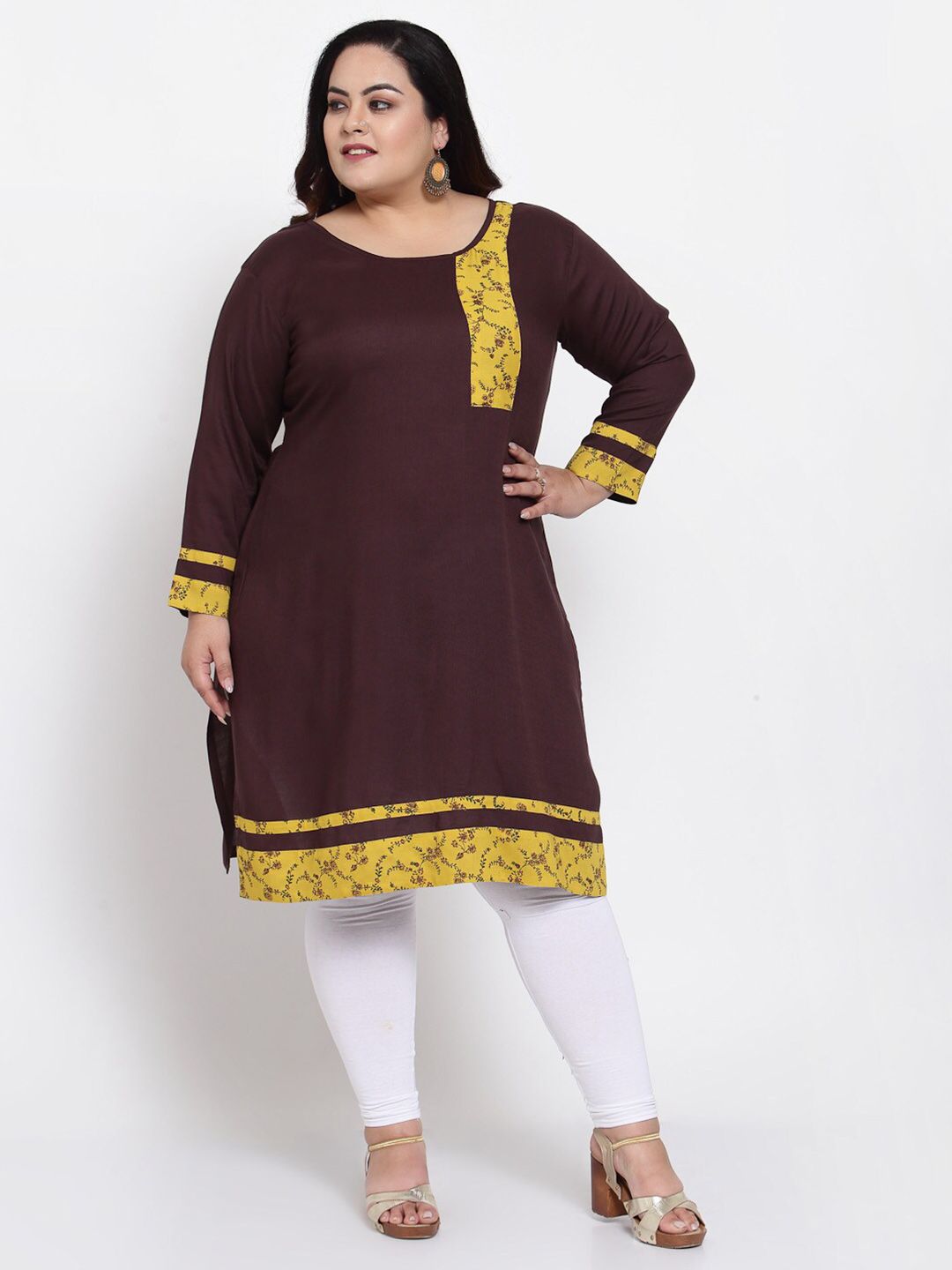 FAZZN Women Plus Size Brown & Yellow Solid A-line Kurta Price in India