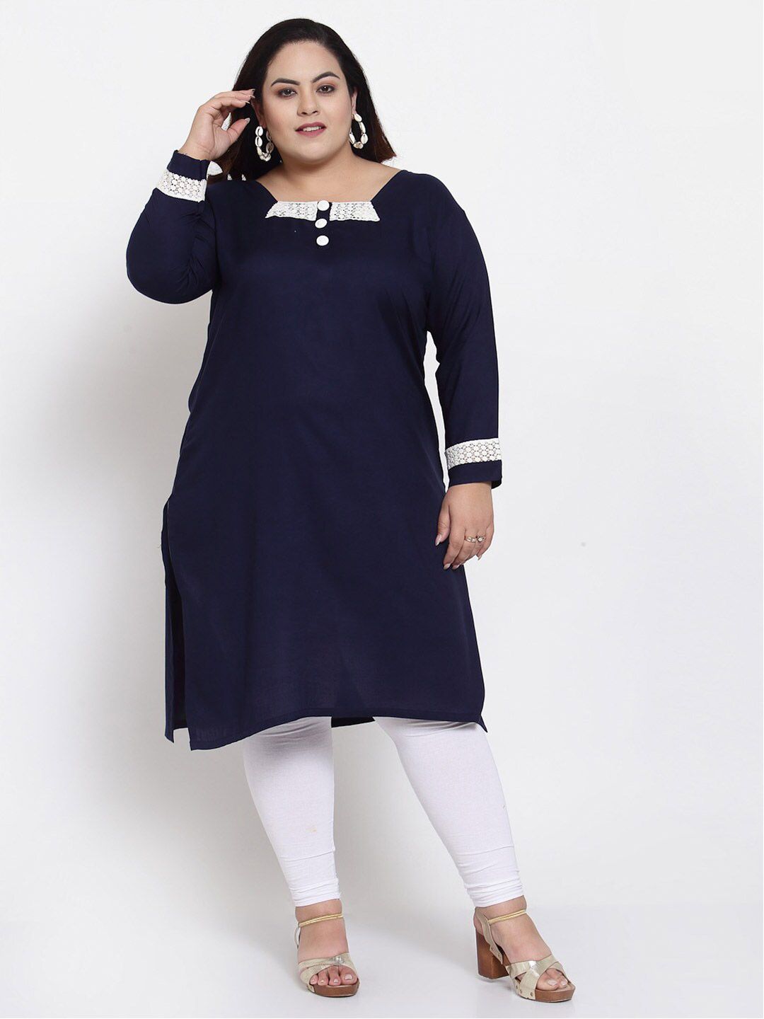 FAZZN Women Plus Size Navy Blue Solid A-line Kurta
