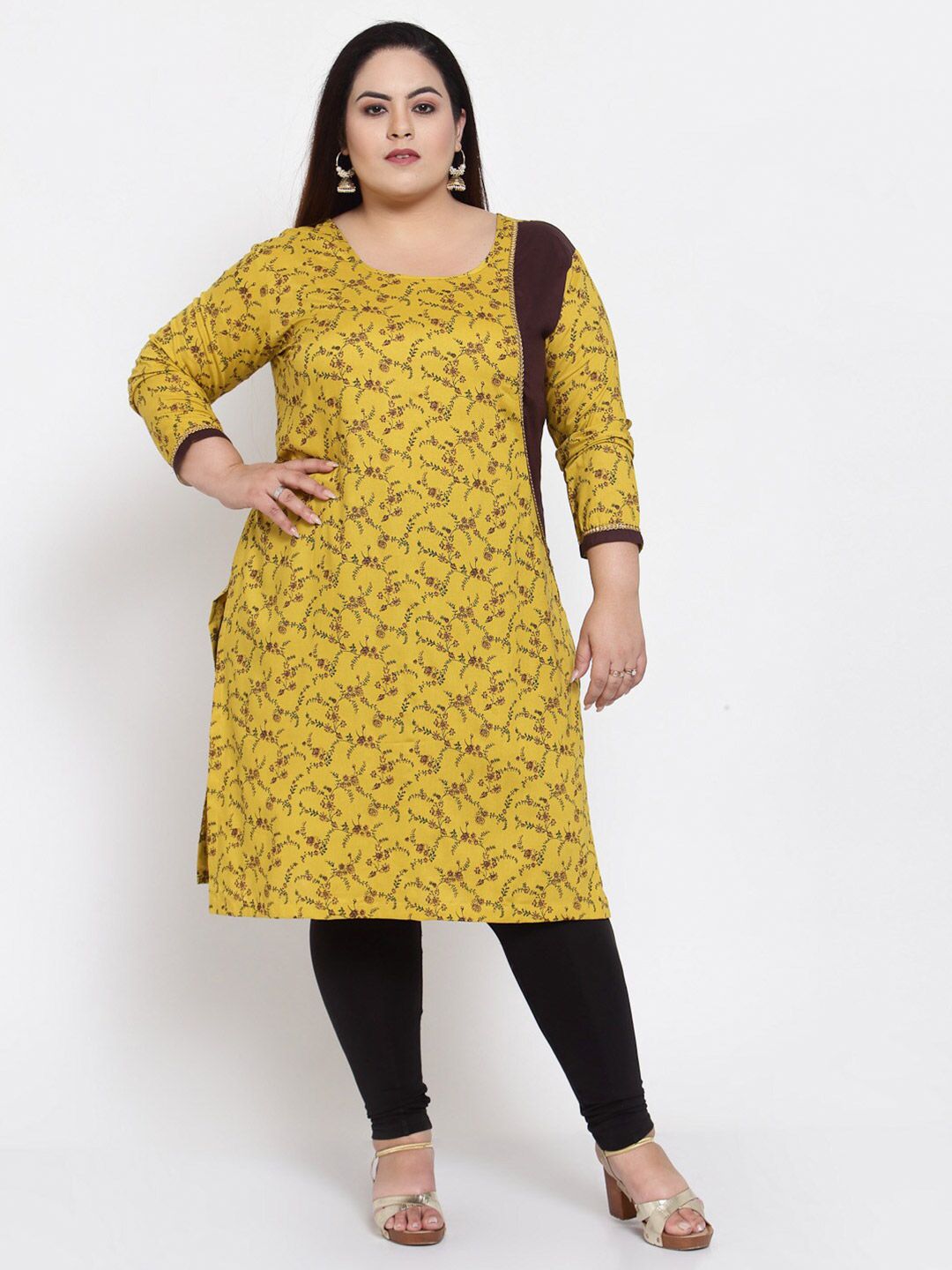 FAZZN Women Plus Size Yellow & Brown Floral Printed Straight Kurta Price in India