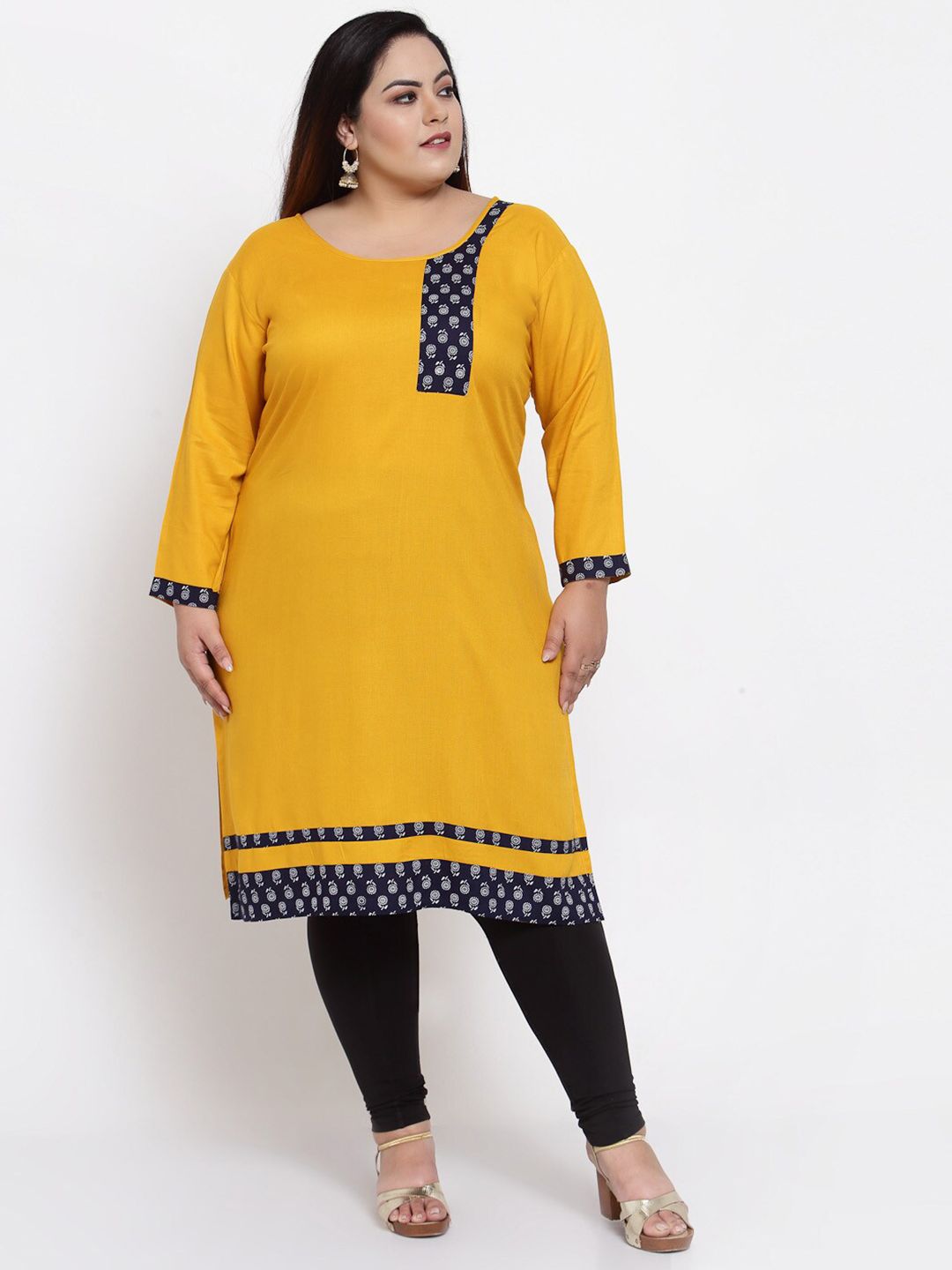 FAZZN Women Plus Size Yellow & Navy Blue Floral Printed Kurta Price in India