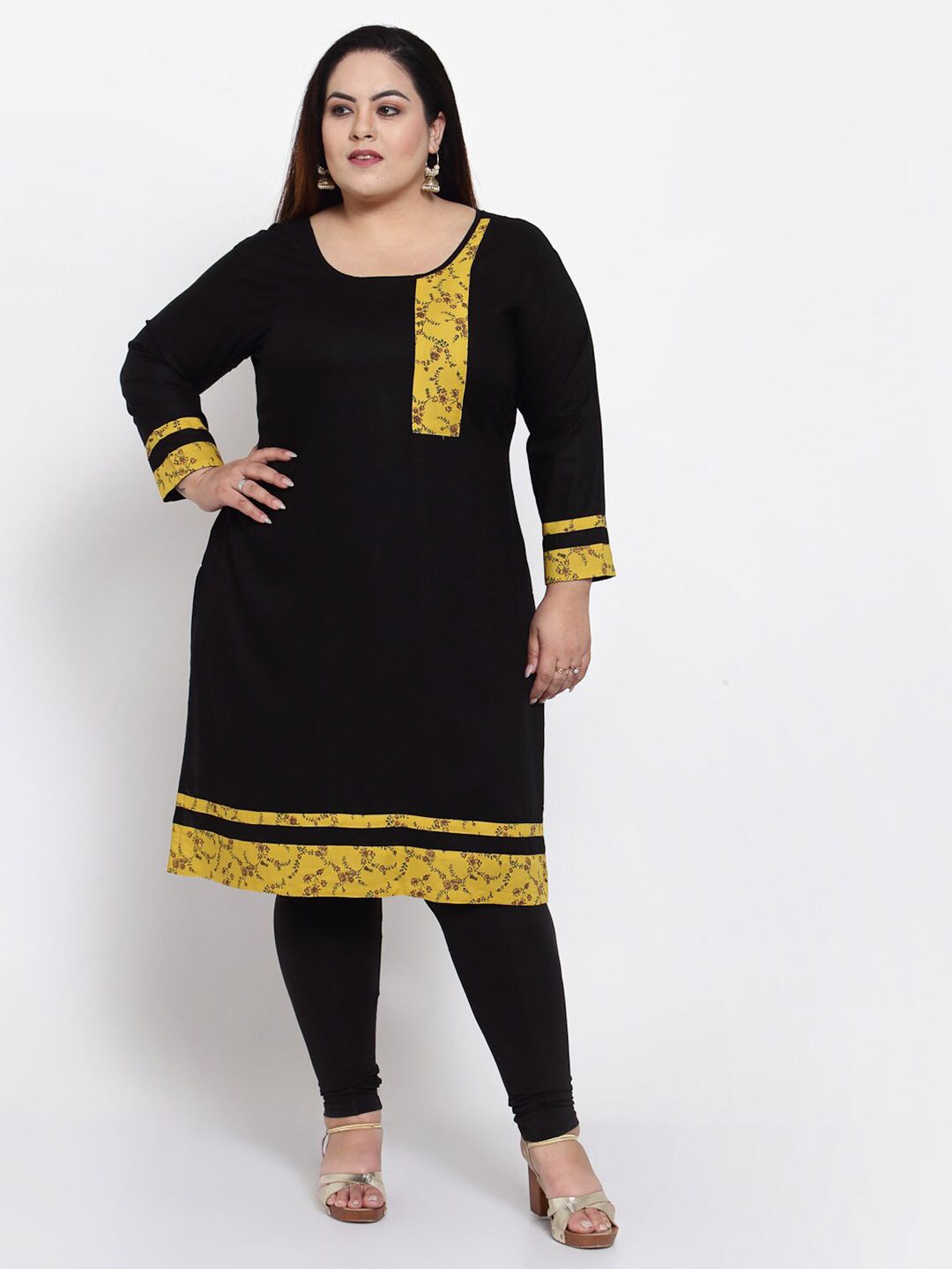 FAZZN Women Plus Size Black & Yellow Floral Printed Kurta Price in India