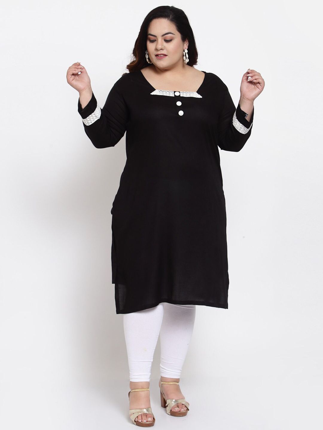 FAZZN Women Plus Size Black Solid Straight Kurta Price in India