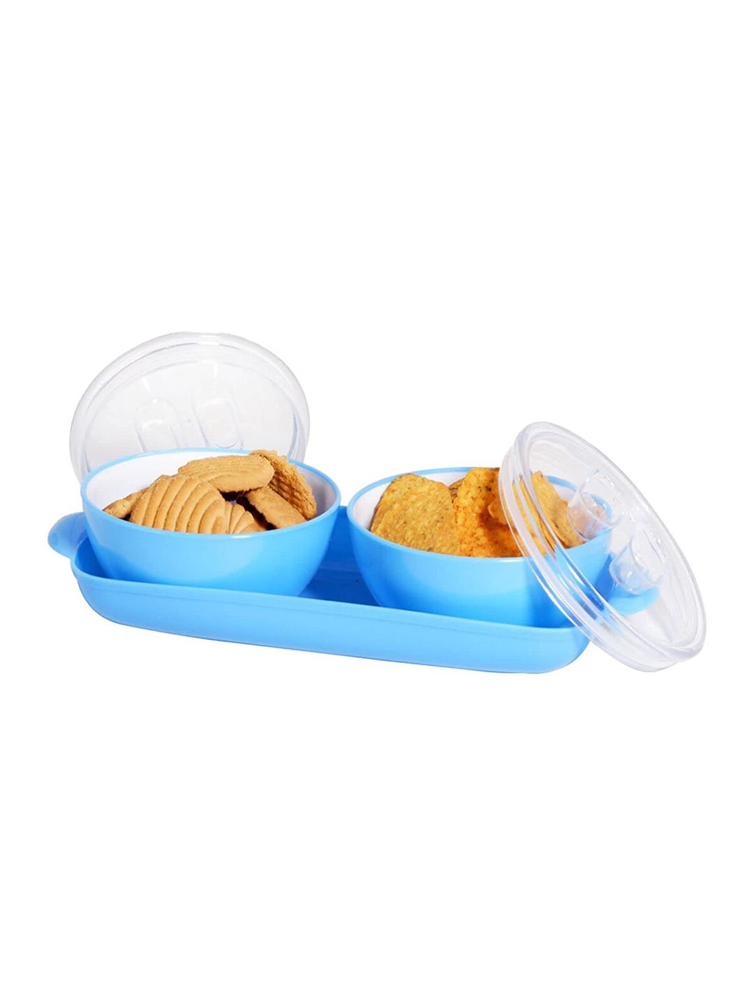 Kuber Industries Set Of 3 Blue Bowls & Serving Tray With Silicon Rubberized Ring Lid Price in India