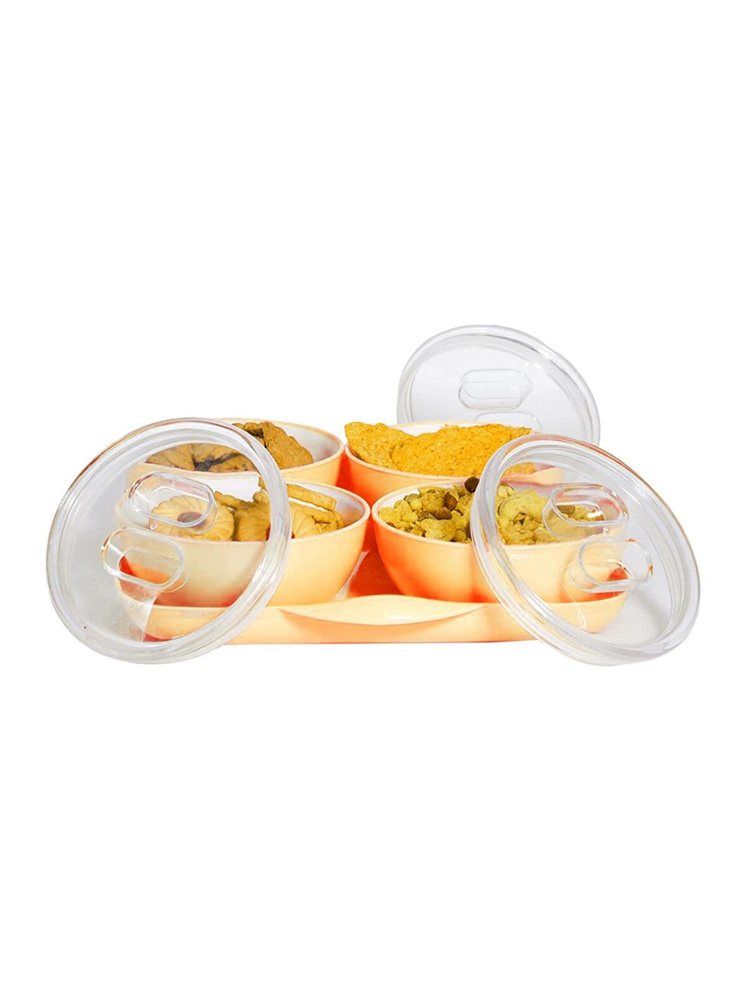 Kuber Industries Set Of 4 Orange Solid Bowls & 1 Tray With Silicon Rubberized Ring Lid Price in India