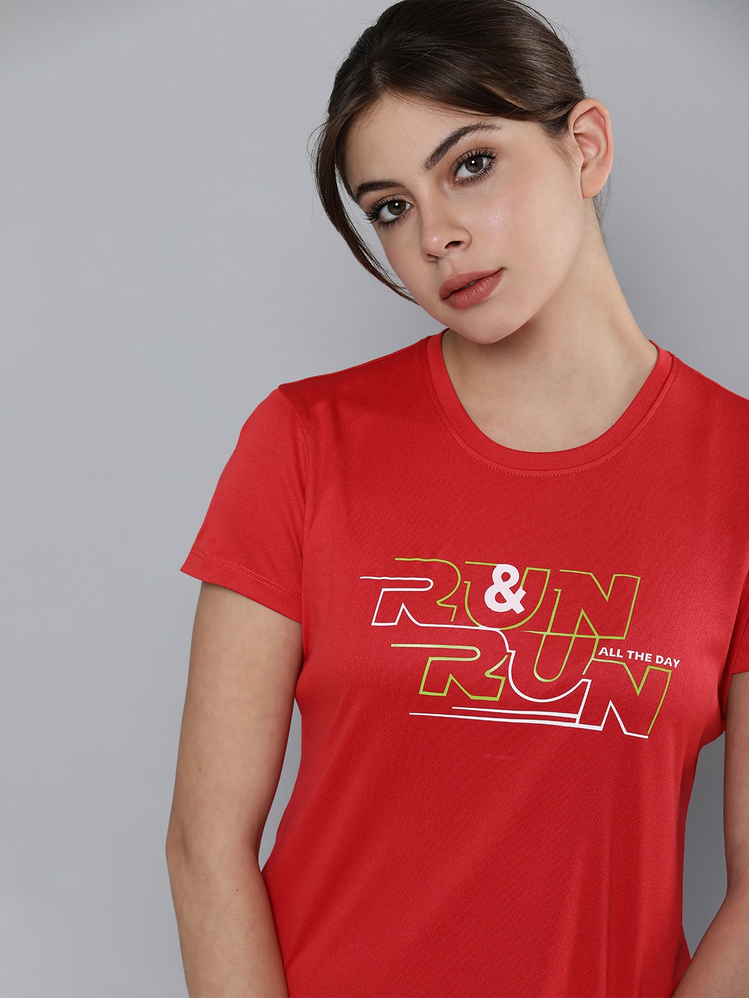 HRX by Hrithik Roshan Women Red & Green Typography Print Rapid-Dry Running T-shirt Price in India